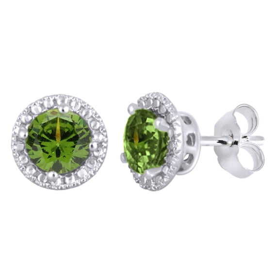 AFFY Round Cut Simulated Peridot Solitaire Stud Earrings In 10K Solid White Gold