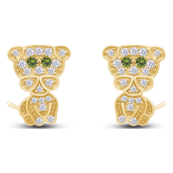AFFY Round Cut Simulated Peridot & White Cubic Zirconia Cute Tiny Dog Animal Stud Earrings In 14k Yellow Gold Over Sterling Silver
