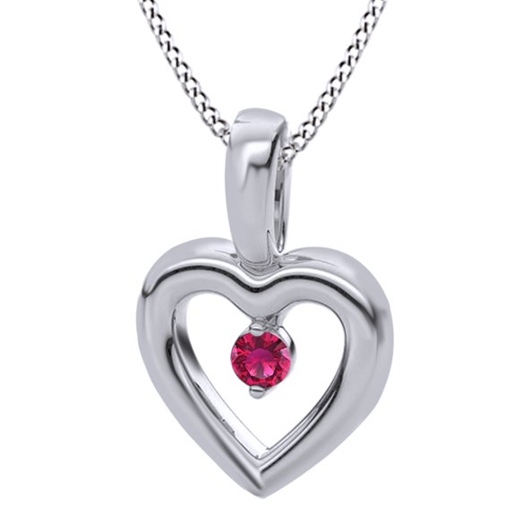 AFFY Round Cut Simulated Pink Ruby Accent Heart Pendant Necklace In 14k Solid White Gold (0.03 Cttw)
