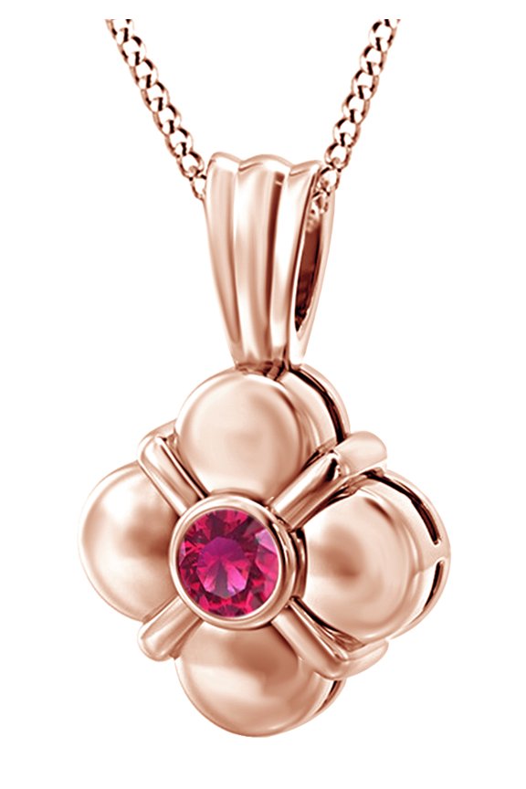 Round Cut Simulated Pink Ruby Clover Pendant Necklace In 14k Solid Rose Gold (0.15 Cttw)