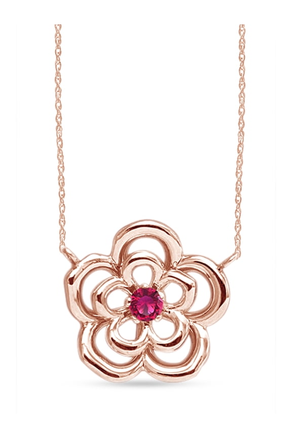 Round Cut Simulated Pink Ruby Flower Pendant Necklace In 10k Rose Gold Jewelry Gift For Women With 18" Rope Chain