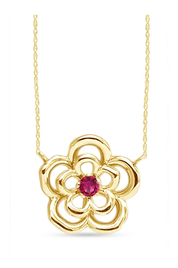 Round Cut Simulated Pink Ruby Flower Pendant Necklace In 10k Yellow Gold Jewelry Gift For Women With 18" Rope Chain