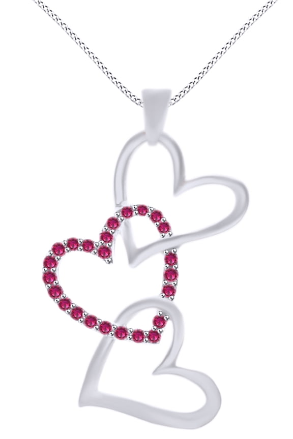 Round Cut Simulated Pink Ruby Triple Heart Pendant Necklace In 14k White Gold Over Sterling Silver