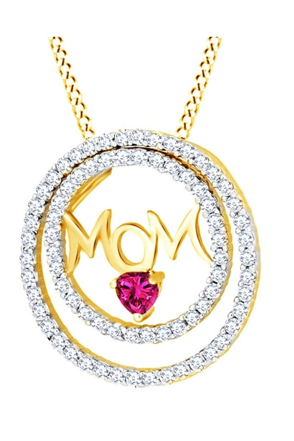 Round Cut Simulated Pink Ruby With Cubic Zirconia Mom Dual Circle Pendant Necklace In 14K Yellow Gold Over Sterling Silver
