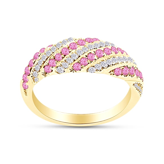 Round Cut Simulated Pink Sapphire And White Natural Diamond Wedding Band Ring In 14K Yellow Gold Over Sterling Silver (Clarity : I2-I3,Color : I-J, 0.59 Cttw) Ring Size-4