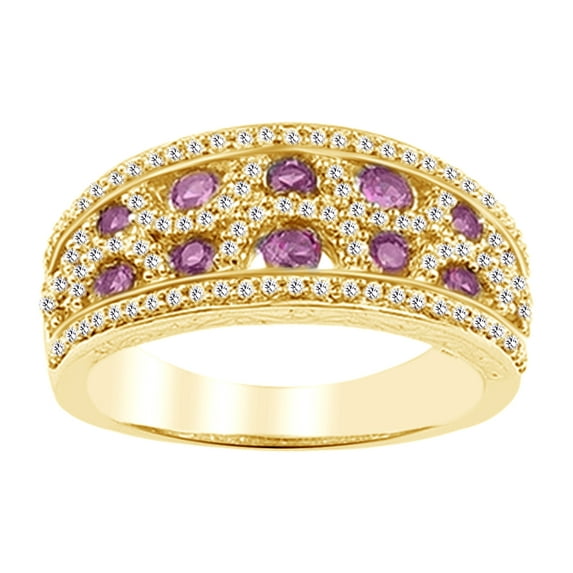 AFFY Round Cut Simulated Pink Sapphire & White Cubic Zirconia Band Ring In 10k Yellow Gold (0.5 cttw), Ring Size-4.5