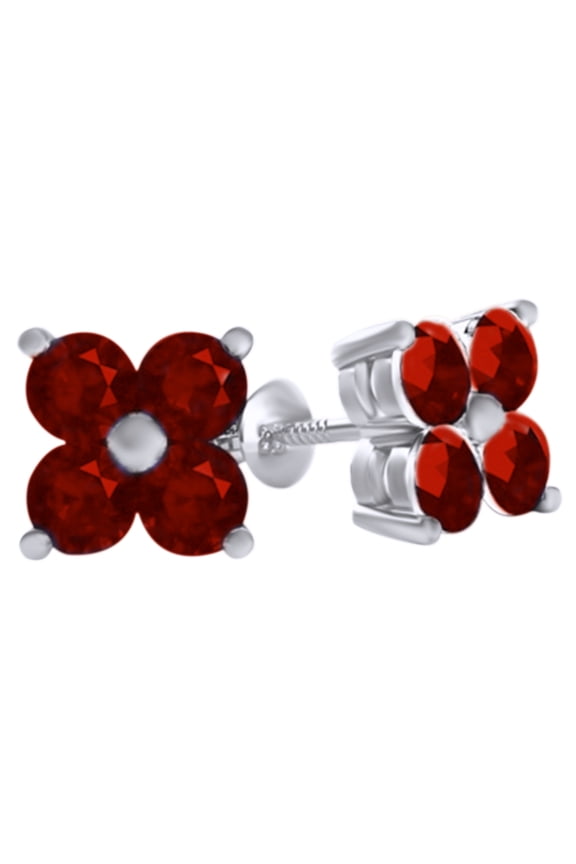 Round Cut Simulated Red Garnet Flower Stud Earrings In 14K Solid White Gold (1 Ct)