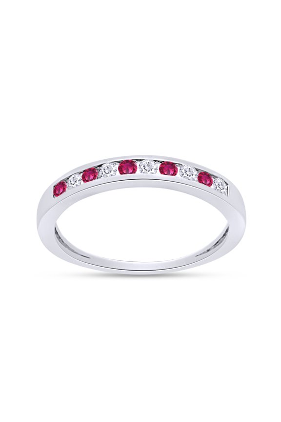 Round Cut Simulated Ruby And White Natural Diamond Stackable Wedding Band Ring In 14K White Gold Over Sterling Silver (Clarity : I2-I3,Color : I-J, 0.28 Cttw) Ring Size-10