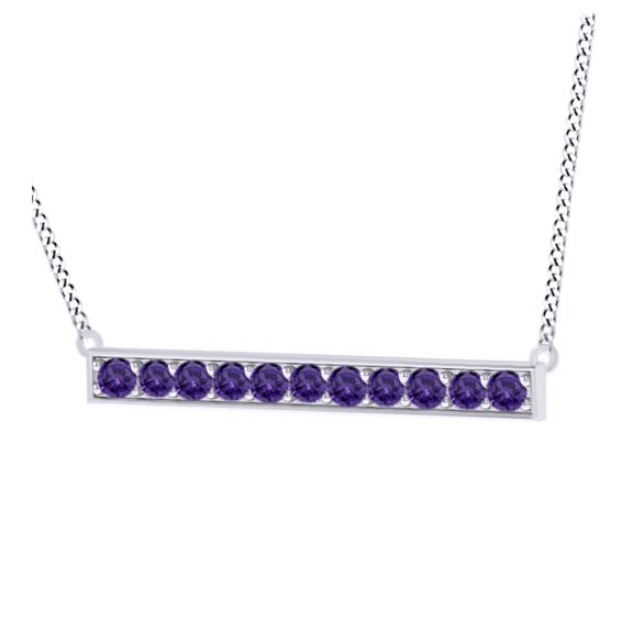 AFFY Round Cut Simulated Violet Amethyst Horizontal Bar Pendant Necklace In 14k Solid White Gold (0.22 Cttw)