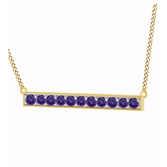 AFFY Round Cut Simulated Violet Amethyst Horizontal Bar Pendant Necklace In 14k Solid Yellow Gold (0.22 Cttw)