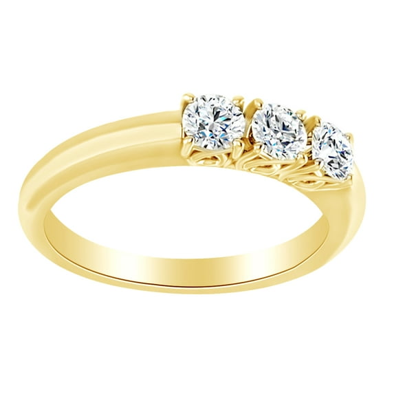 Round Cut Simulated White Moissanite Three Stone Band Ring In 14K Solid Yellow Gold