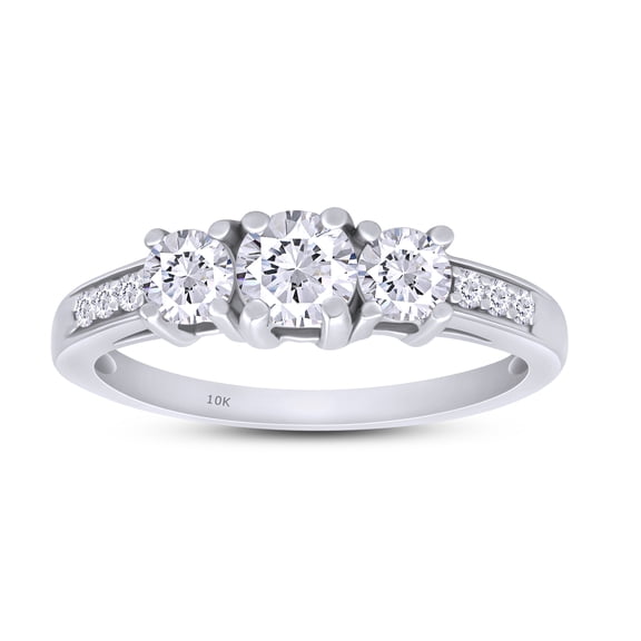 AFFY Round Cut Simulated White Sapphire & White Cubic Zirconia Three Stone Ring In 10k White Gold, Ring Size-7