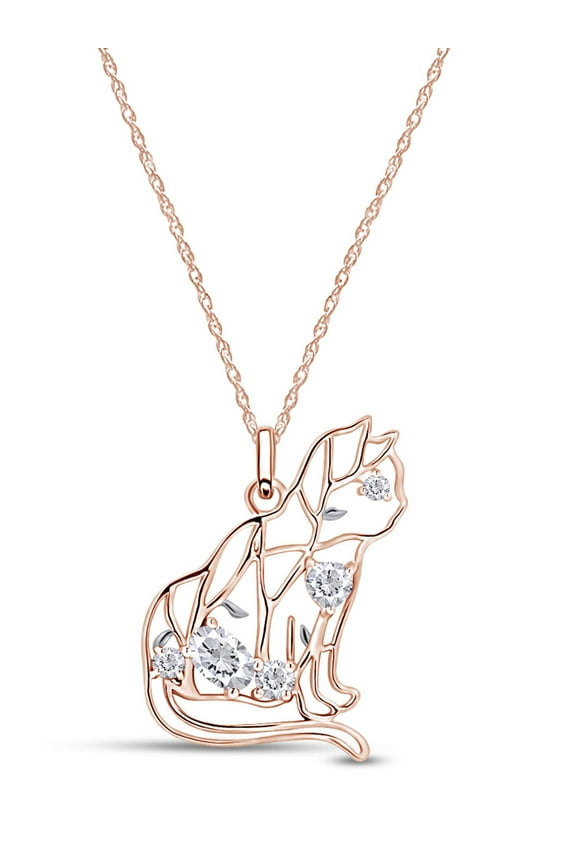 Round Cut Sparkling White Cubic Zirconia Cat Pendant Necklace In 14k Rose Gold Over Sterling Silver Jewelry For Women 18" Chain