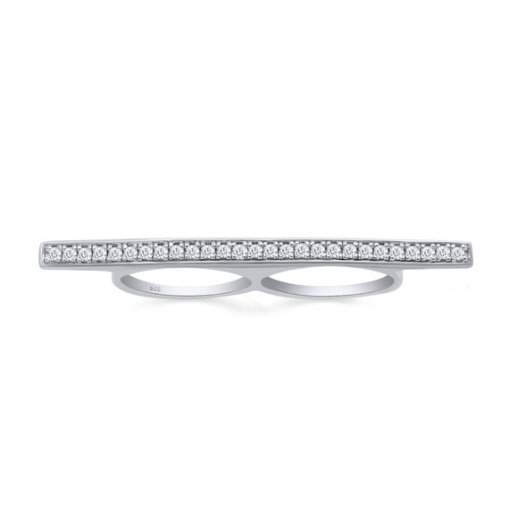 Round Cut Sparkling White Cubic Zirconia Sideway Bar Two Finger Ring In 14k White Gold Over Sterling Silver Ring For Women Ring Size-4.5