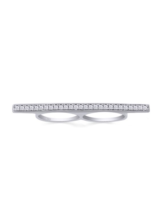 Round Cut Sparkling White Cubic Zirconia Sideway Bar Two Finger Ring In 14k White Gold Over Sterling Silver Ring For Women Ring Size-5
