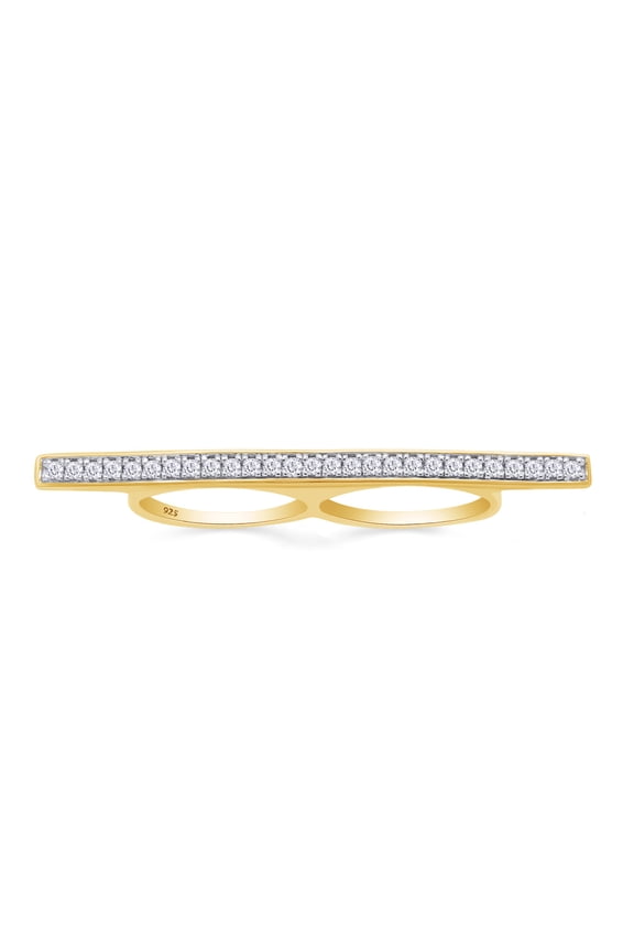 Round Cut Sparkling White Cubic Zirconia Sideway Bar Two Finger Ring In 14k Yellow Gold Over Sterling Silver Ring For Women Ring Size-8.5
