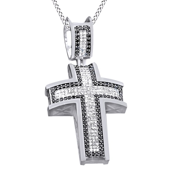 AFFY Round Cut White & Black Natural Diamond Cross Pendant Necklace In 14K White Gold Over Sterling Silver By