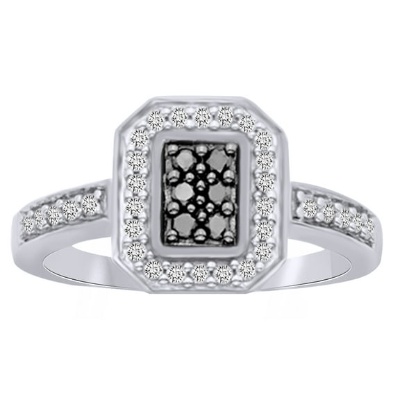 Round Cut White & Black Natural Diamond Fashion Ring In 14K Solid White Gold (0.33 Ct)