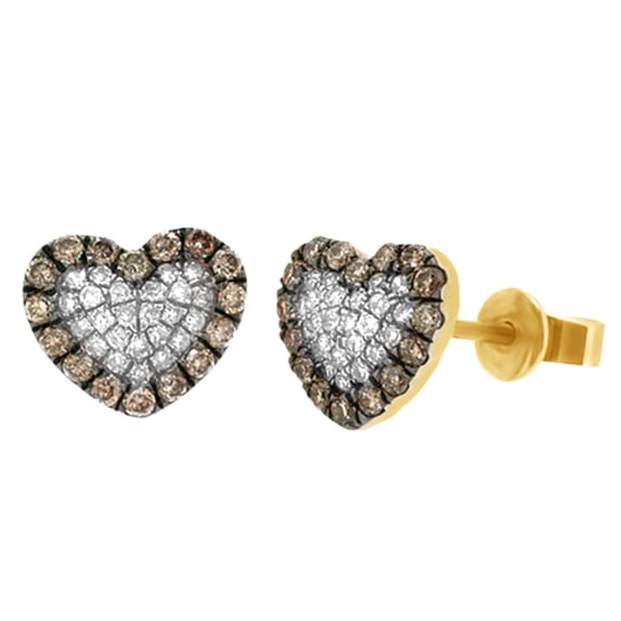 AFFY Round Cut White & Brown Natural Diamond Heart Stud Earrings In 14K Solid Yellow Gold (0.45 Ct)