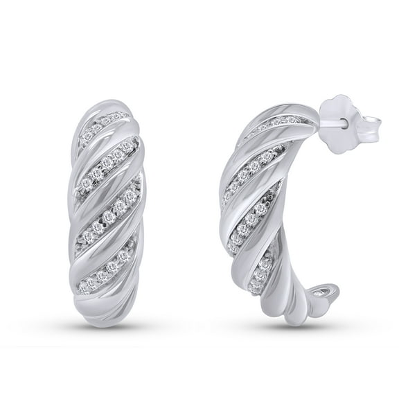 Round Cut White Cubic Zirconia Croissant Dome Hoop Earrings Jewelry For Women In 14k White Gold Plated 925 Sterling Silver With Push Back