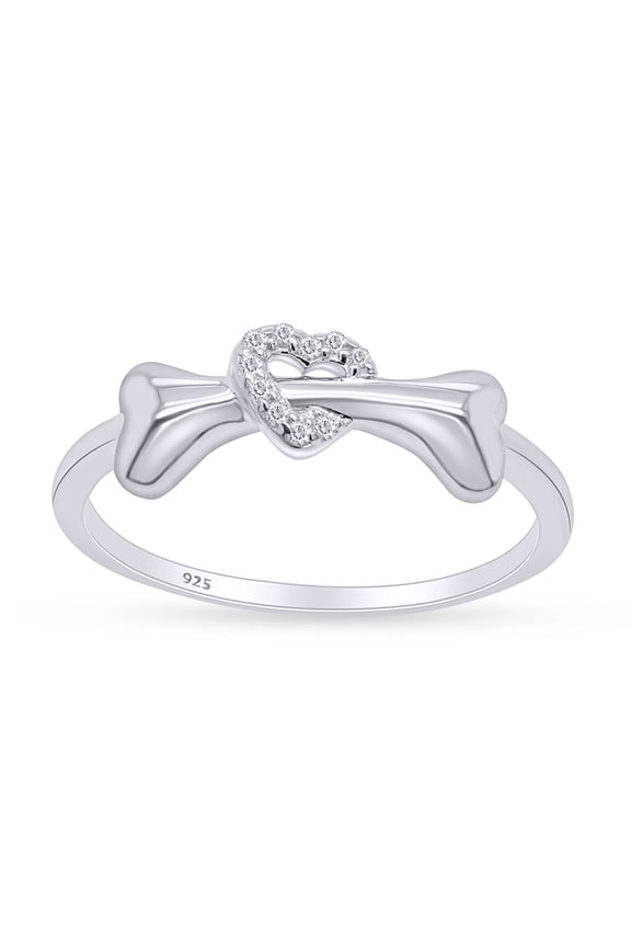 Round Cut White Cubic Zirconia Dog Bone Heart Promise Ring For Women In 14K White Gold Plated 925 Sterling Silver (Color: White, Clarity: VVS1-VVS2) -7.5