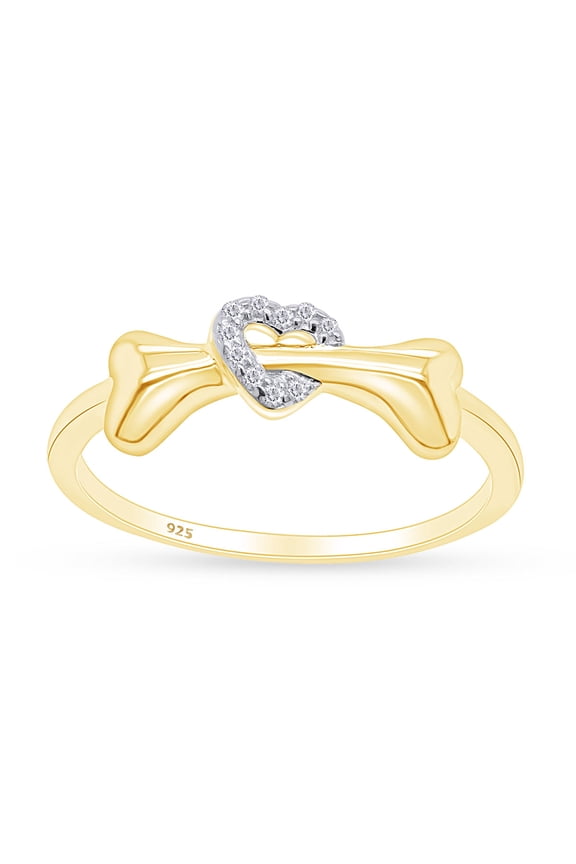Round Cut White Cubic Zirconia Dog Bone Heart Promise Ring For Women In 14K Yellow Gold Plated 925 Sterling Silver (Color: White, Clarity: VVS1-VVS2) -6
