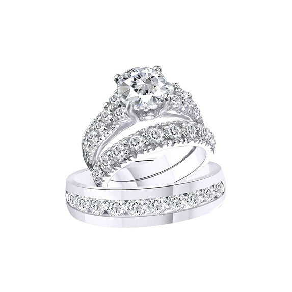 AFFY Round Cut White Cubic Zirconia Engagement & Wedding Trio Band Ring Set In 10k Solid White Gold