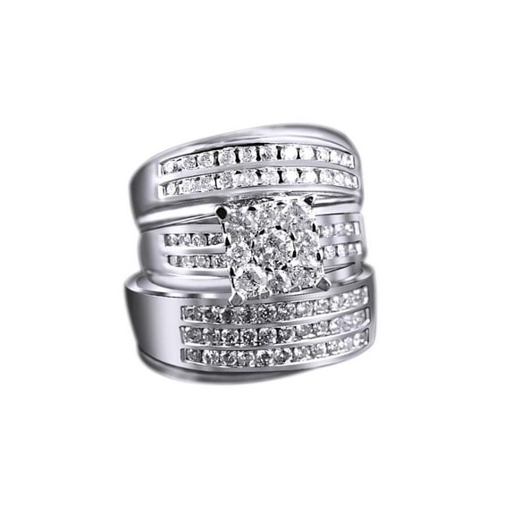 AFFY Round Cut White Cubic Zirconia Engagement & Wedding Trio Fashion Band Ring Set In 10k Solid White Gold (2 Cttw)