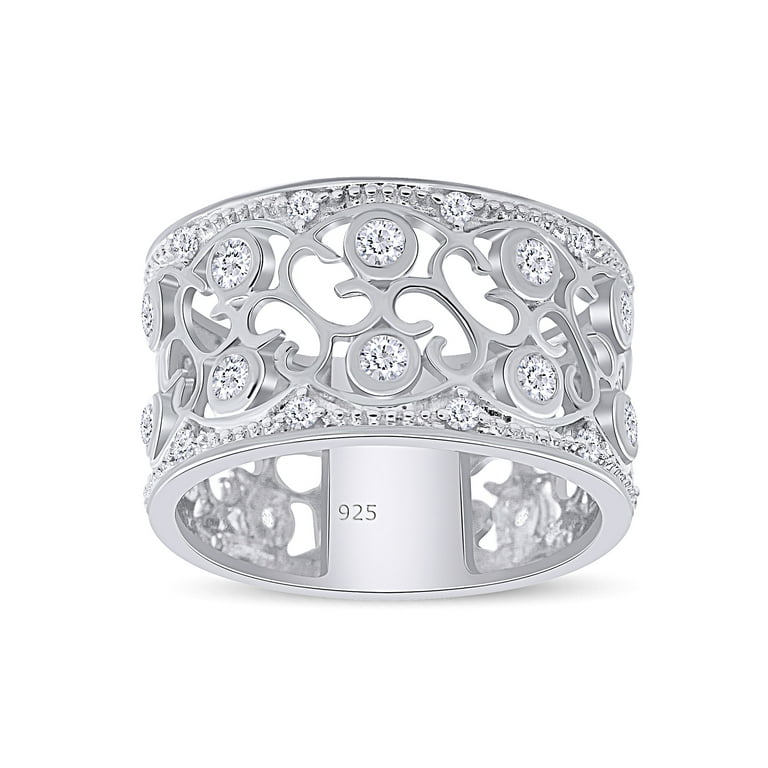 Round Cut White Cubic Zirconia Floral Wide Band Ring For Women In