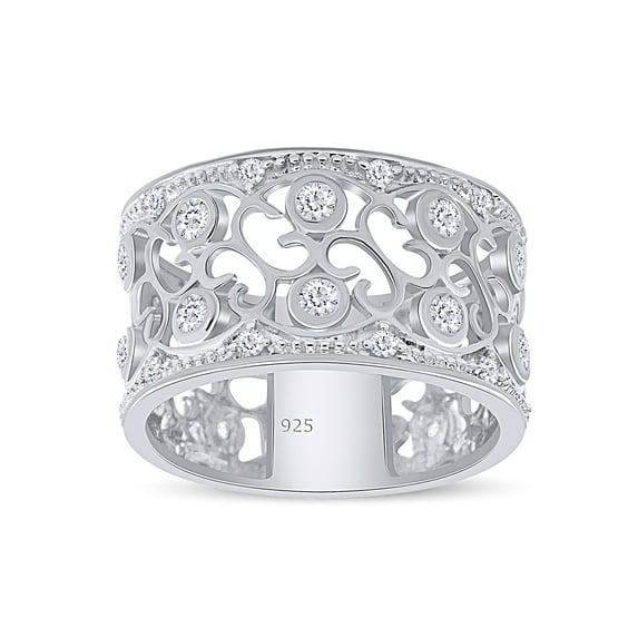 Round Cut White Cubic Zirconia Floral Wide Band Ring For Women In 14K White Gold Plated 925 Sterling Silver (Color: White, Clarity: VVS1-VVS2) -6.5