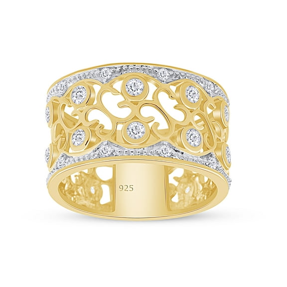 Round Cut White Cubic Zirconia Floral Wide Band Ring For Women In 14K Yellow Gold Plated 925 Sterling Silver (Color: White, Clarity: VVS1-VVS2) -7