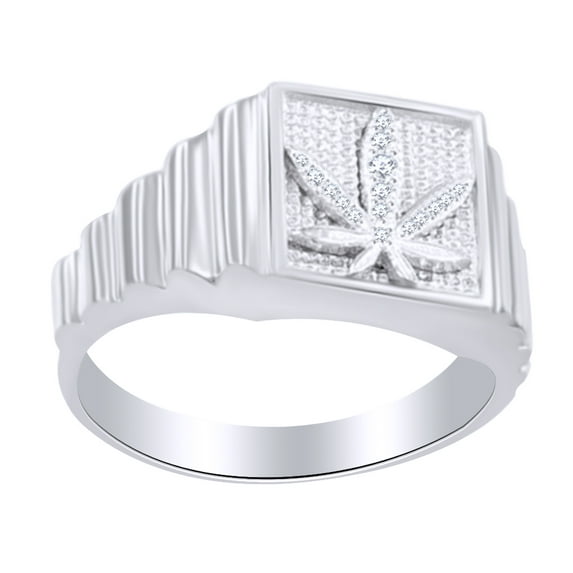 AFFY Round Cut White Cubic Zirconia Marijuana Leaf Men's Band Ring In 14K White Gold Over Sterling Silver, Ring Size: 10.5