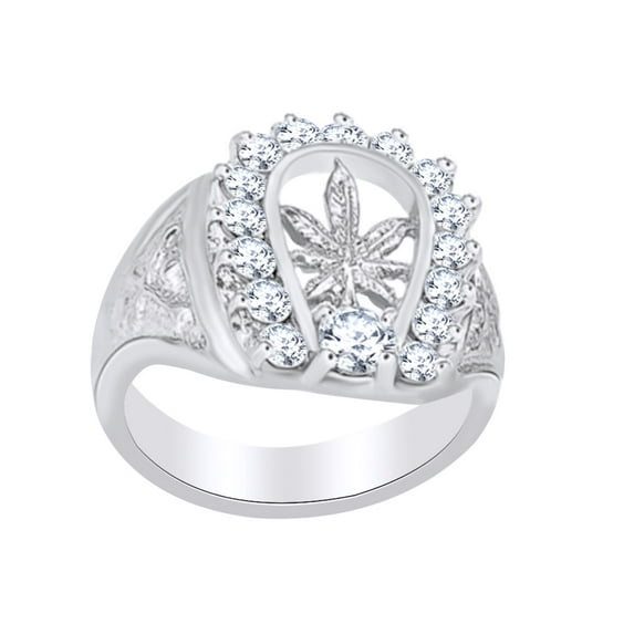 AFFY Round Cut White Cubic Zirconia Marijuana Leaf Ring In 14K White Gold Over Sterling Silver, Ring Size: 8