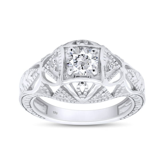 Round Cut White Cubic Zirconia Milgrain Art Deco Engagement Ring In 14K White Gold Plated 925 Sterling Silver (Color: White, Clarity: VVS1-VVS2, 0.09 Cttw) -4