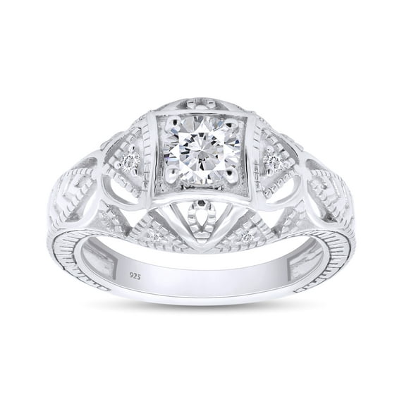 Round Cut White Cubic Zirconia Milgrain Art Deco Engagement Ring In 14K White Gold Plated 925 Sterling Silver (Color: White, Clarity: VVS1-VVS2, 0.09 Cttw) -5.5