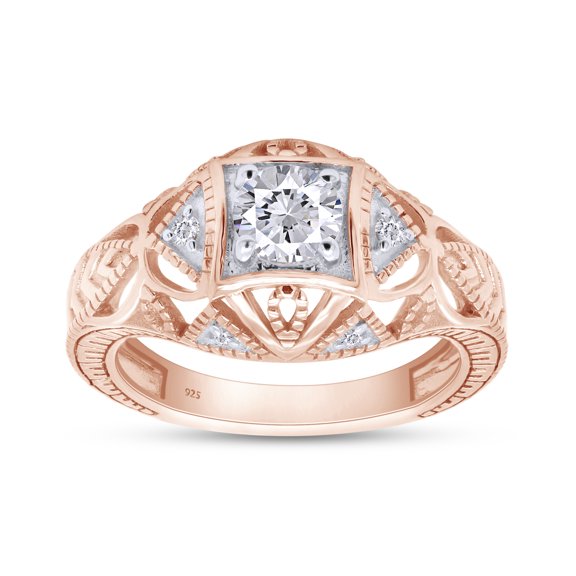 Round Cut White Cubic Zirconia Milgrain Art Deco Engagement Ring In 14K Rose Gold Plated 925 Sterling Silver (Color: White, Clarity: VVS1-VVS2, 0.09 Cttw) -6.5