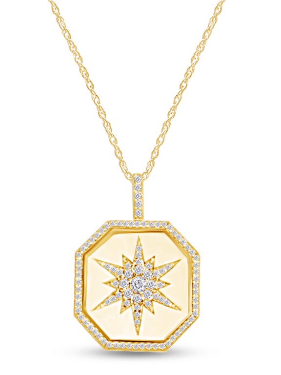 Round Cut White Cubic Zirconia Octagon Shaped Starbust Pendant Necklace in 14k Yellow Gold Over Sterling Silver For Women 18" Chain
