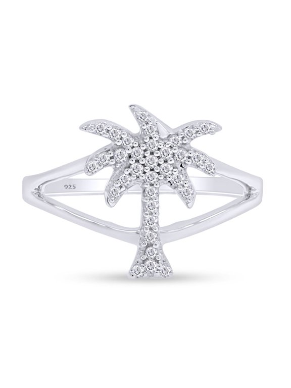 Round Cut White Cubic Zirconia Palm Tree Shape Band Ring In 14K White Gold Plated 925 Sterling Silver (Color:White, Clarity: VVS1-VVS2) -4.5