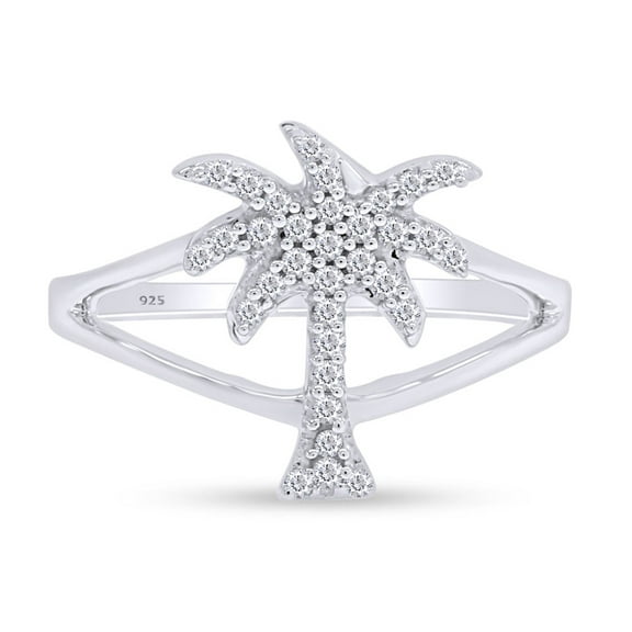 Round Cut White Cubic Zirconia Palm Tree Shape Band Ring In 14K White Gold Plated 925 Sterling Silver (Color:White, Clarity: VVS1-VVS2) -4