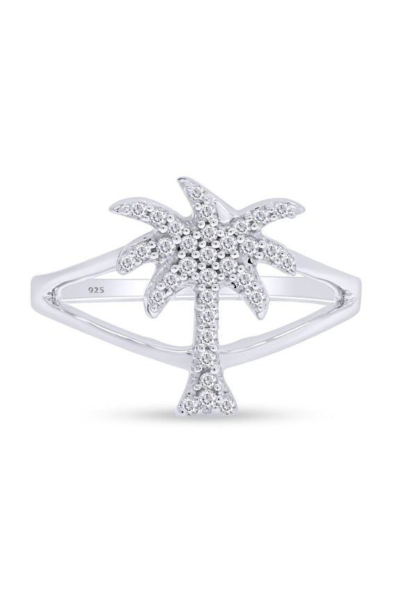 Round Cut White Cubic Zirconia Palm Tree Shape Band Ring In 14K White Gold Plated 925 Sterling Silver (Color:White, Clarity: VVS1-VVS2) -9