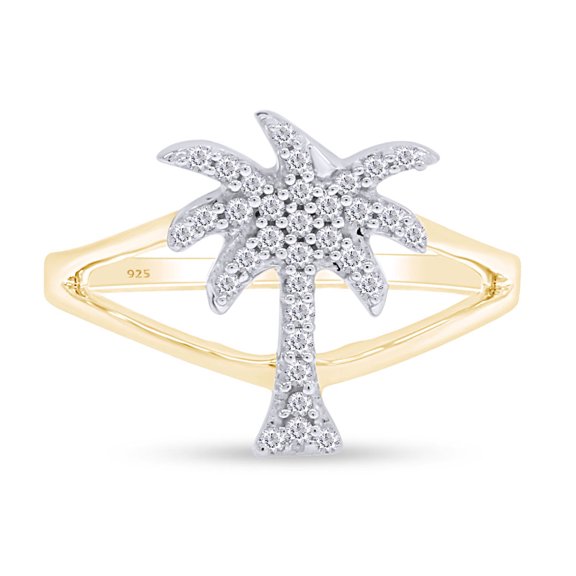 Round Cut White Cubic Zirconia Palm Tree Shape Band Ring In 14K Yellow Gold Plated 925 Sterling Silver (Color:White, Clarity: VVS1-VVS2) -4