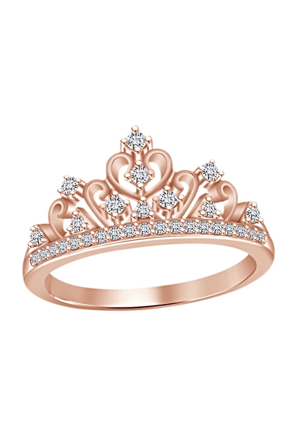 Round Cut White Cubic Zirconia Princess Crown Ring In 14k Rose Gold Over Sterling Silver