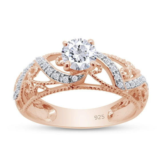AFFY Round Cut White Cubic Zirconia Solitaire Engagement Ring In 14k Rose Gold Over Sterling Silver Ring Size-10.5