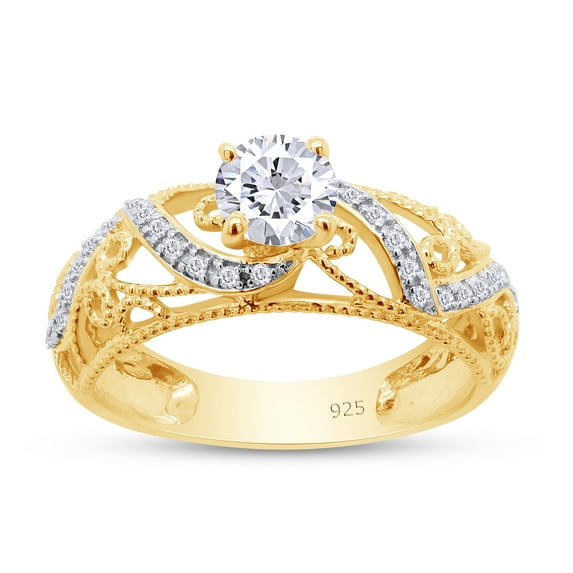 AFFY Round Cut White Cubic Zirconia Solitaire Engagement Ring In 14k Yellow Gold Over Sterling Silver Ring Size-13