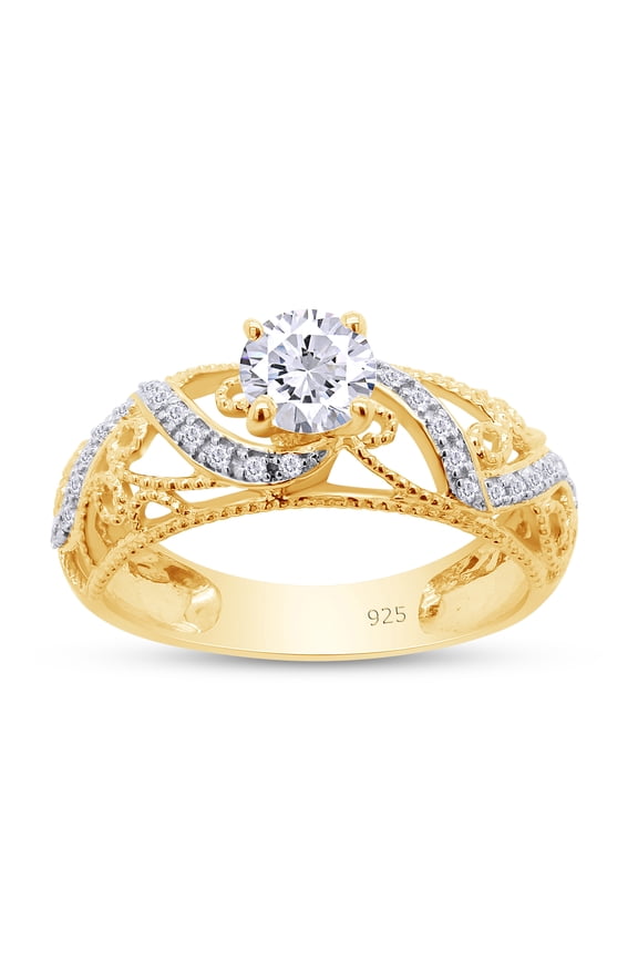 Round Cut White Cubic Zirconia Solitaire Engagement Ring In 14k Yellow Gold Over Sterling Silver Ring Size-4