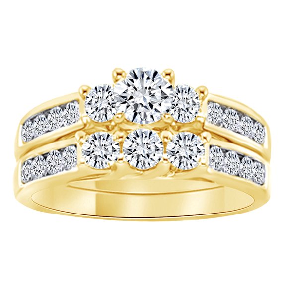 AFFY Round Cut White Cubic Zirconia Three Stone Bridal Ring Set In 14K Solid Yellow Gold