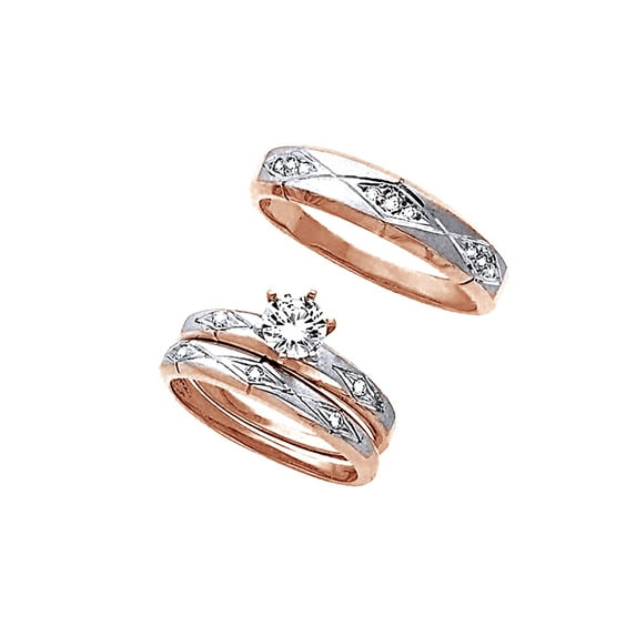 AFFY Round Cut White Cubic Zirconia Two Tone Wedding Band Ring Set In 14k Solid Rose Gold