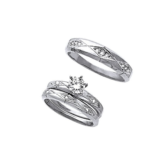 AFFY Round Cut White Cubic Zirconia Two Tone Wedding Band Ring Set In 14k Solid White Gold