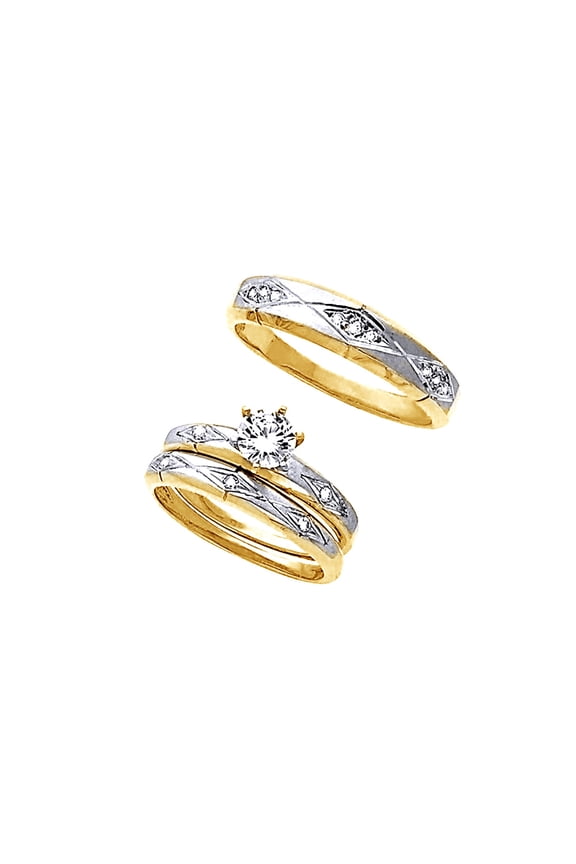 Round Cut White Cubic Zirconia Two Tone Wedding Band Ring Set In 14k Solid Yellow Gold