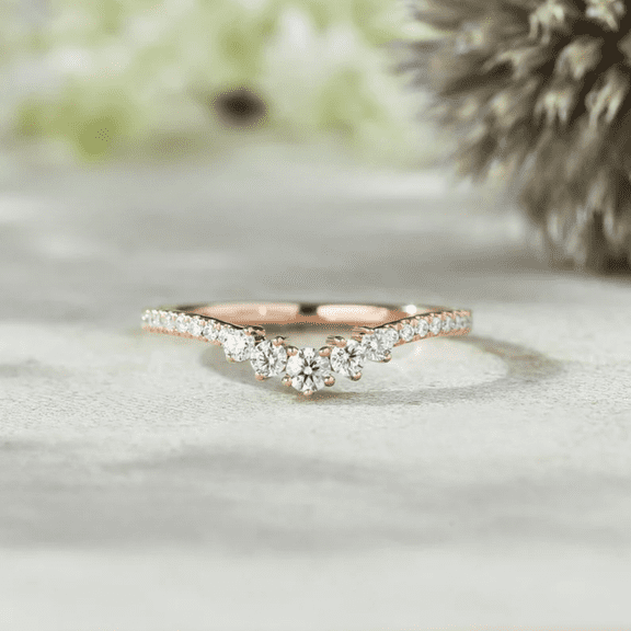Round Cut White Diamond Band Ring in 14k Rose Gold Vermeil - Curved Engagement Ring For Wife - Handmade Jewelry